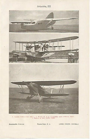 LAMINA ESPASA 10927: Aparato Fokkere-Wulf de 1927 el Iris II de 1927 y el Curtiss de 1929