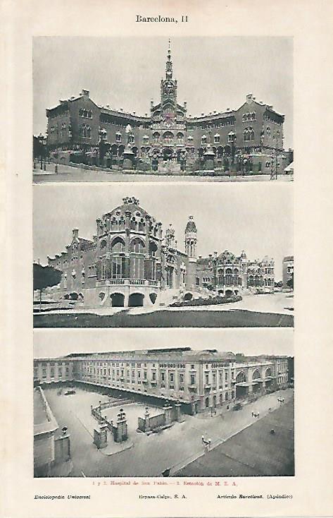 LAMINA ESPASA 10955: Hospital de Sant Pau y Estacion de Francia en Barcelona