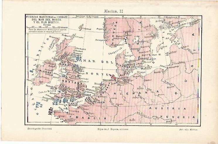 LAMINA ESPASA 1091: Mapa de las fuerzas maritimas de combate