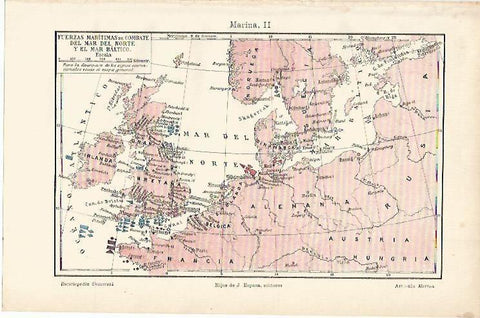 LAMINA ESPASA 1091: Mapa de las fuerzas maritimas de combate