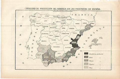 LAMINA ESPASA 10731: Mapa de la produccion de naranjo en España