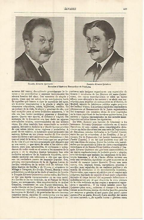 LAMINA ESPASA 10850: Retratos de los hermanos Alvarez Quintero por Bernardino de Pantorba
