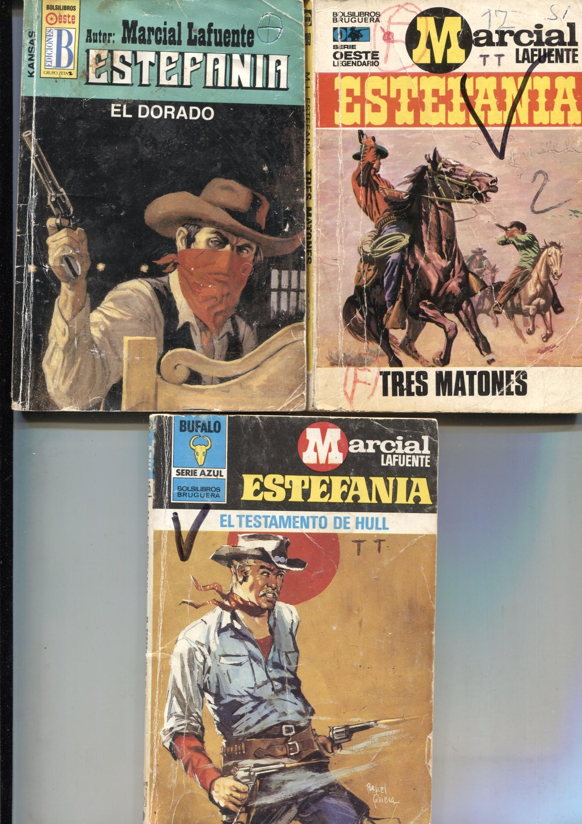 Lote numero 14: 3 novelas de Marcial lafuente Estefania: Tres matones, El dorado y El testamento de Hull