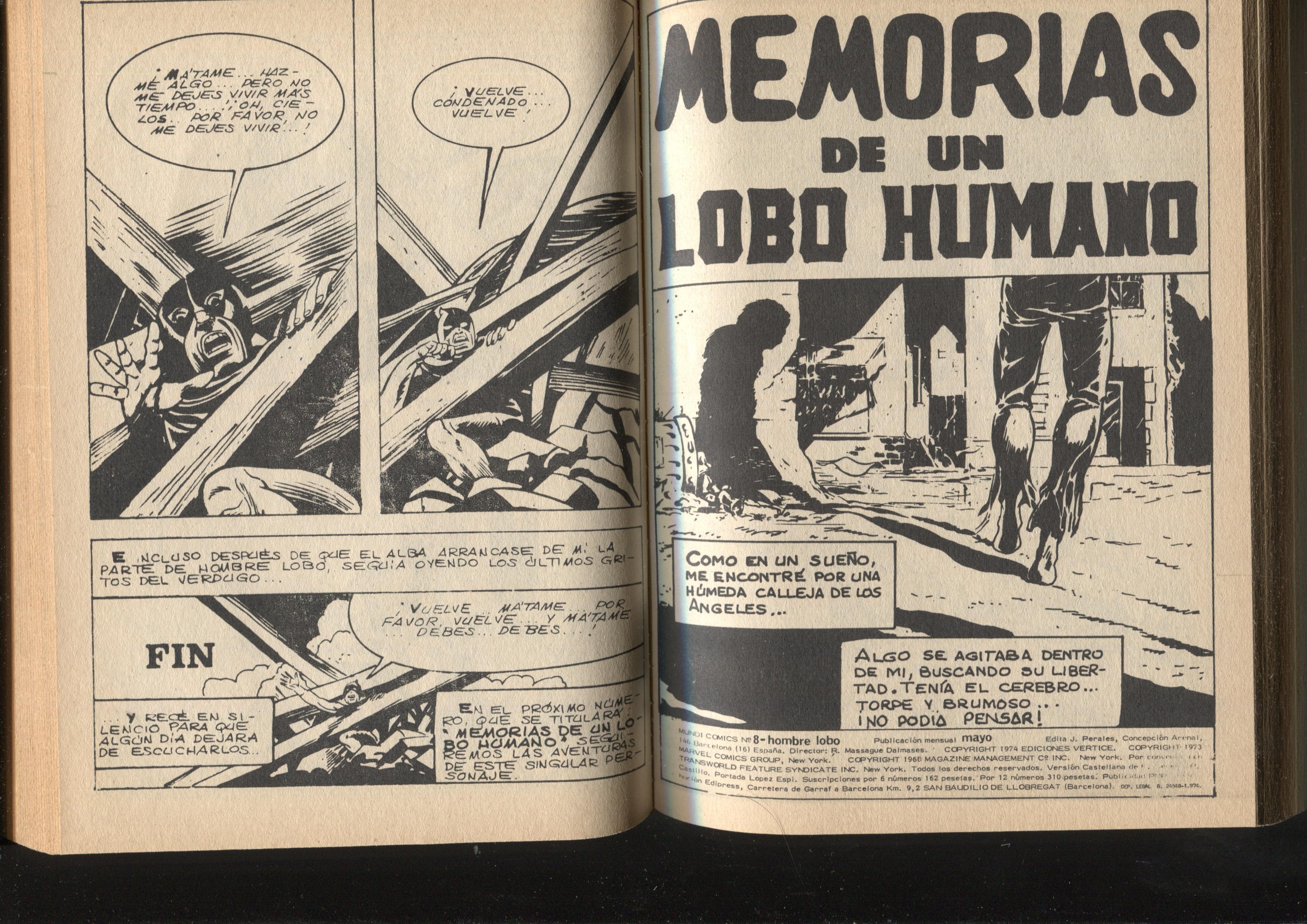 Tomo Hombre Lobo, tapa carton de Vertice:  contiene: Llega el verdugo, Memorias de un lobo humano, 
