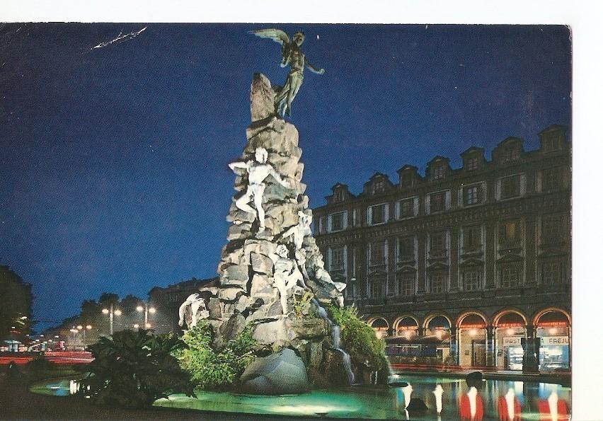 Postal 036777 : Torino by night - Monument to Frejus and Statuto Square