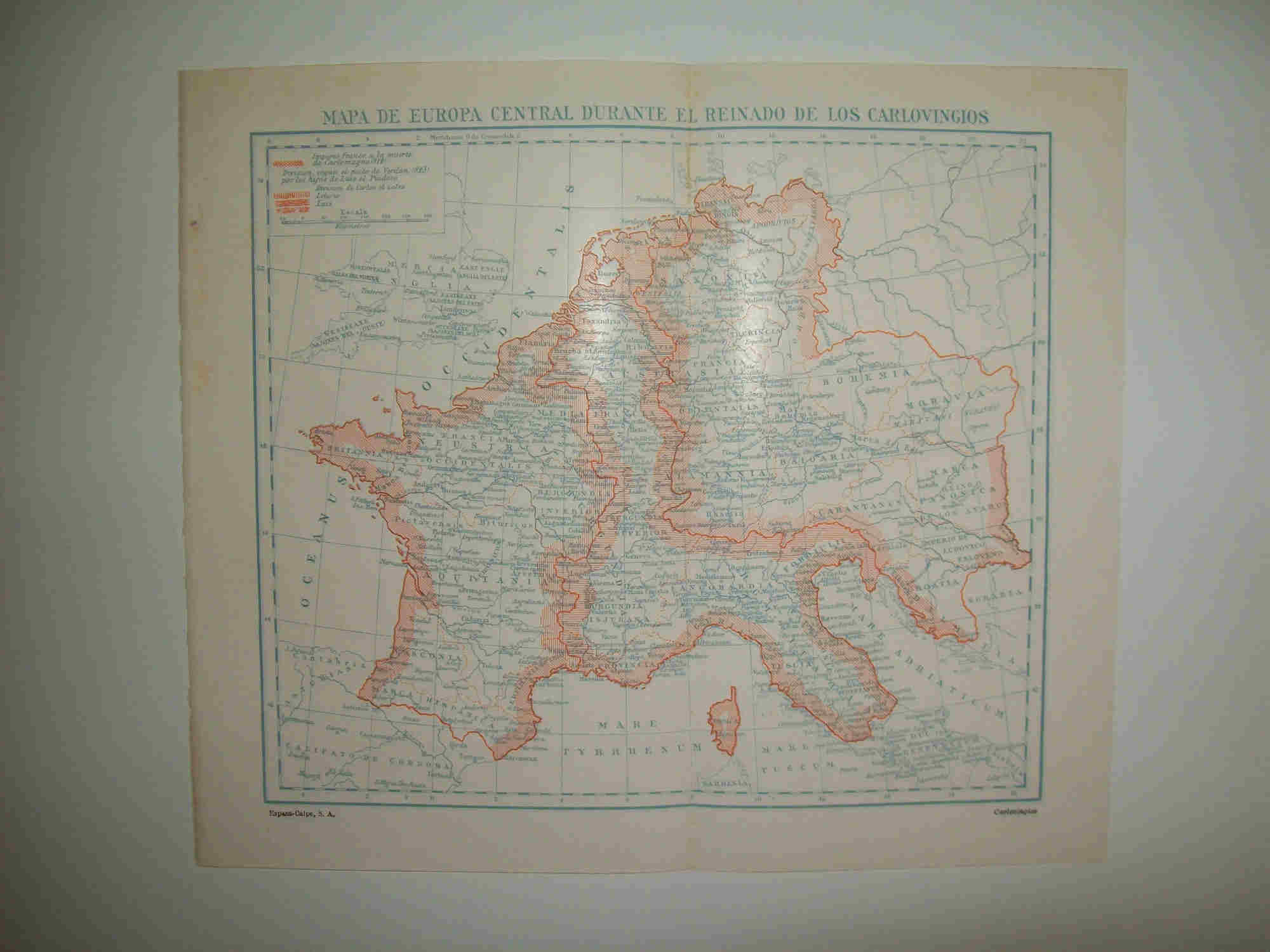 LAMINA ESPASA 28365: Mapa de Europa central en epoca de los carlovingios