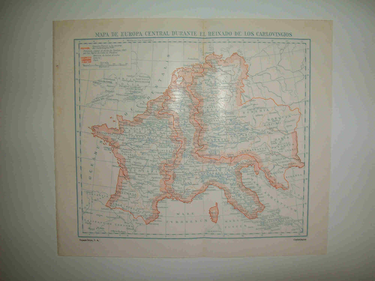 LAMINA ESPASA 28365: Mapa de Europa central en epoca de los carlovingios