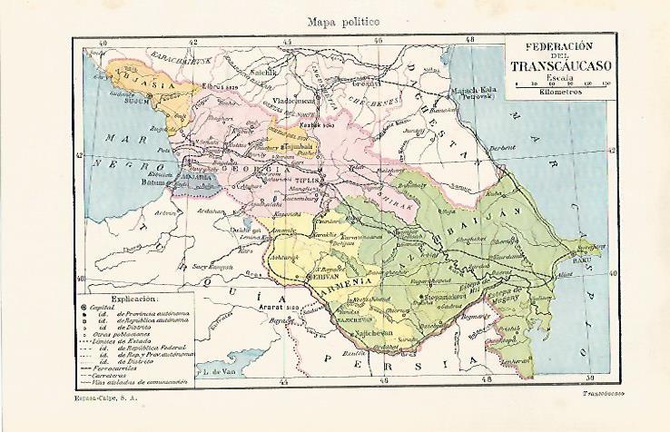 LAMINA ESPASA 28450:  Mapa de la Federacion del Transcaucasico