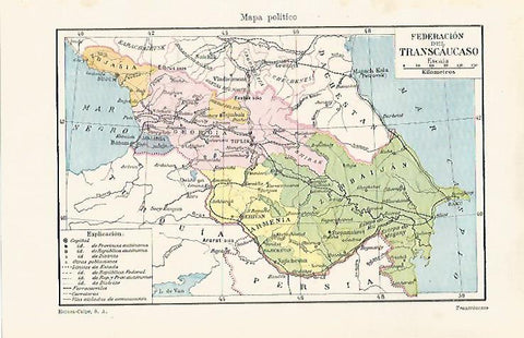 LAMINA ESPASA 28450:  Mapa de la Federacion del Transcaucasico