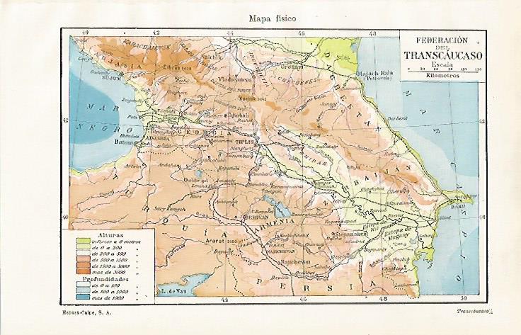 LAMINA ESPASA 28451: Mapa fisico de la Federacion del Transcaucasico