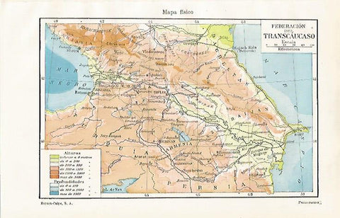 LAMINA ESPASA 28451: Mapa fisico de la Federacion del Transcaucasico