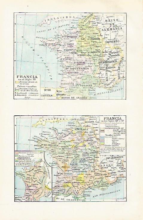 LAMINA ESPASA 28471: Mapa de Francia en el siglo XII y en los siglos XIV y XV