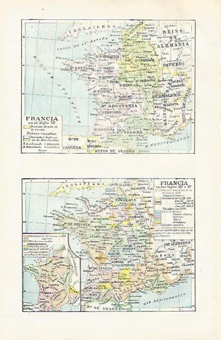 LAMINA ESPASA 28471: Mapa de Francia en el siglo XII y en los siglos XIV y XV