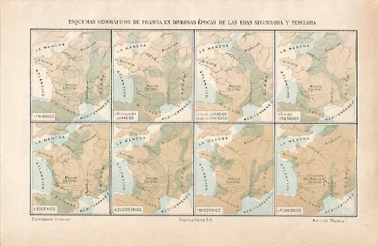 LAMINA ESPASA 28482: Mapas de Francia en la era secundaria y terciaria