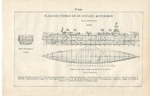 LAMINA ESPASA 28558: Plano de un crucero acorazado
