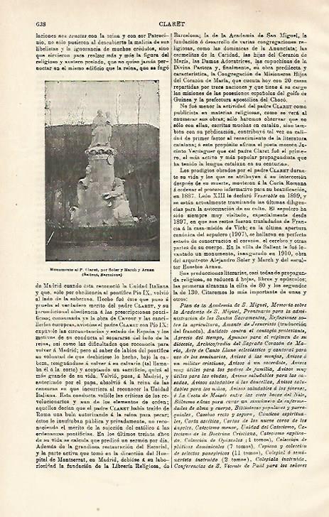 LAMINA ESPASA 28643: Monumento al Padre Claret por Soler y March en Sallent Barcelona