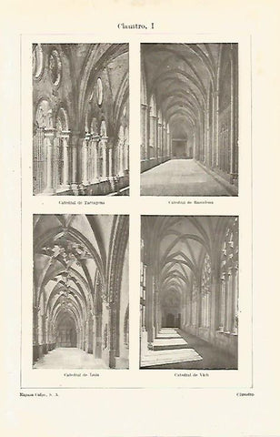 LAMINA ESPASA 28650: Claustros de la Catedrales de Tarragona Barcelona Leon y Vic
