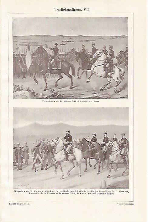 LAMINA ESPASA 28759: Presentacion de Alfonso XII al Ejercito del Norte por J. Alaminos