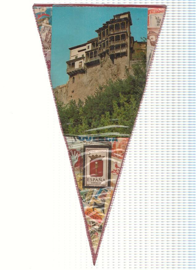 Banderin: CUENCA - Imagen de las casas colgantes y reproduccion de sello de 5ptas de Cuenca