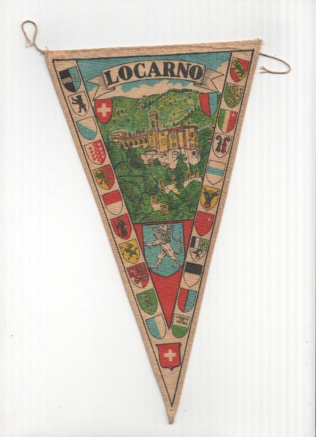 BANDERIN: LOCARNO, Suiza - Ilustracion de la Madonna del Sasso, con escudos de los cantones suizos