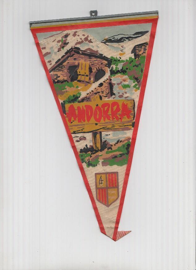Banderin: ANDORRA - Ilustracion de escena alpina con rio, Casa y Escudo de la localidad