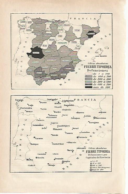 LAMINA ESPASA 19857: Mapas de España de la fiebre tifoidea