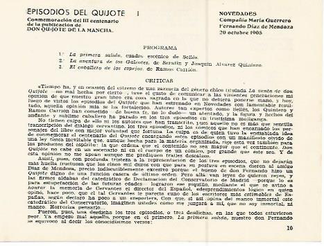 LAMINA 2470: Programa y criticas de Episodios del Quijote. Novedades 20 de octubre de 1905