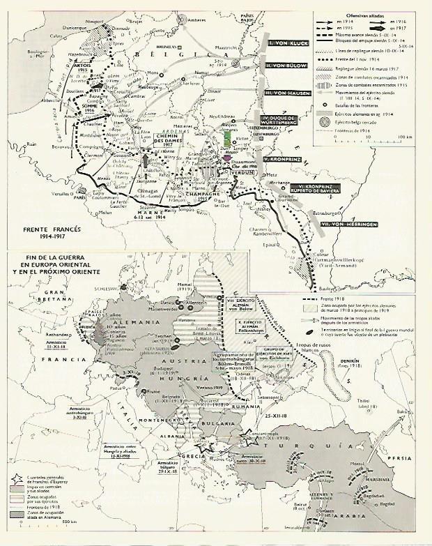 LAMINA LAROUSSE 70107: Mapa del frente de Francia y fin de la Primera Guerra Mundial