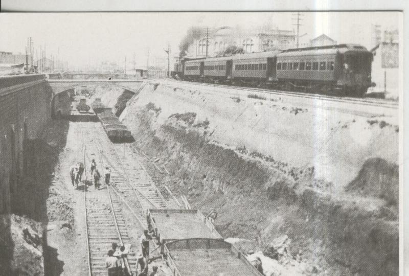 Postal Tren numero 0209: Obras en la zanja de la Avda Roma de Barcelona en 1928