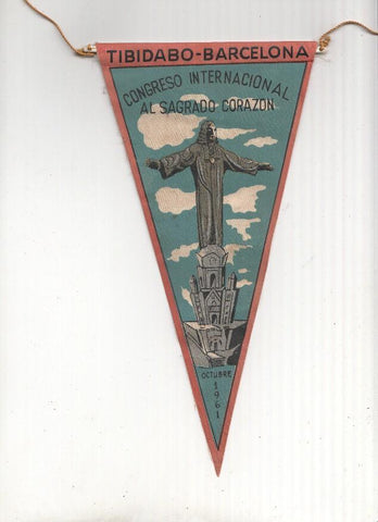 BANDERIN: BARCELONA - TIBIDABO, Ilustracion del Cristo del Sagrado Corazon (Congreso Internacional del 1961)