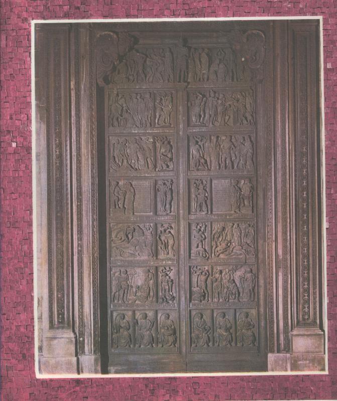 Historia de la Iglesia: Puerta de bronce con paneles representando el edicto de Constantino,Milan