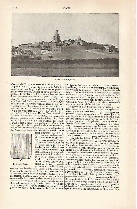 LAMINA ESPASA 28882: Vista y escudo de Viana Navarra