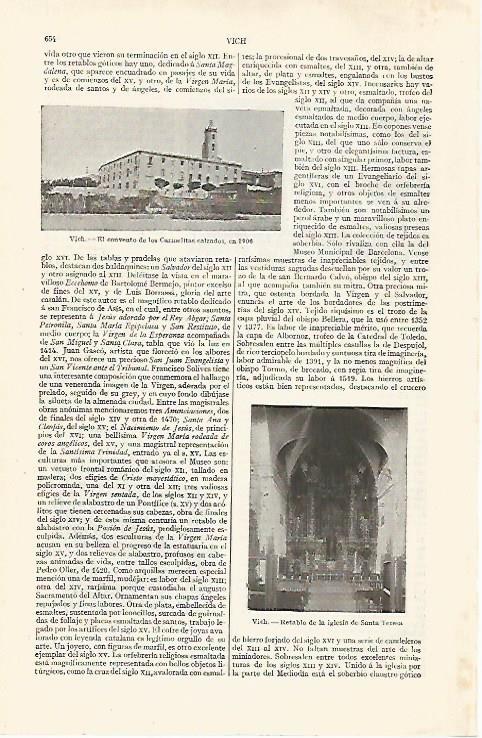 LAMINA ESPASA 28925: Convento de los Carmelia en 1906 Vic Barcelona
