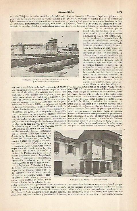 LAMINA ESPASA 29067: Convento de Vista Alegre y casa particular en Villagarcia de Arosa Pontevedra