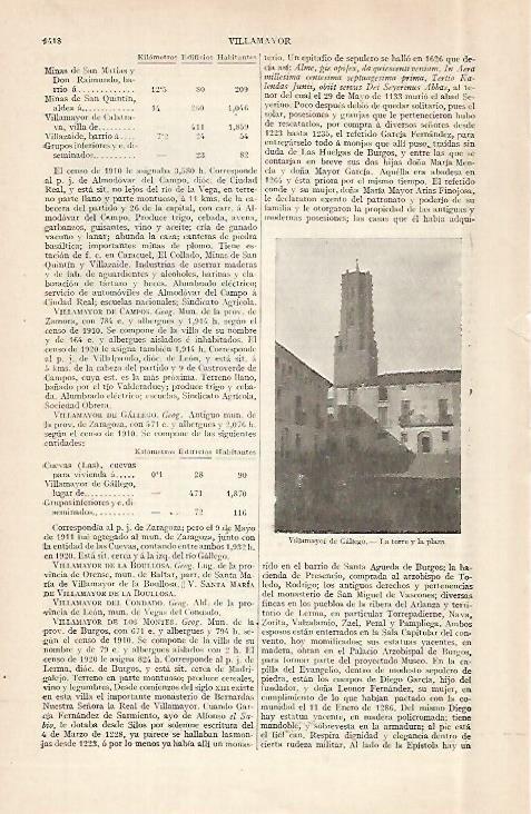 LAMINA ESPASA 29082: Torre y plaza de Vilamayor de Gallego Zaragoza