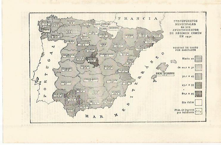 LAMINA ESPASA 29160: Mapa de España de los presupuestos municipales de 1930