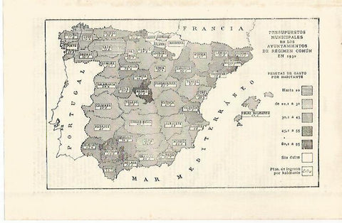 LAMINA ESPASA 29160: Mapa de España de los presupuestos municipales de 1930