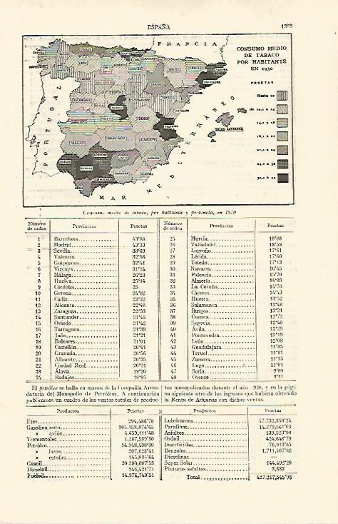 LAMINA ESPASA 29169: Mapa de España de consumo medio de tabaco en 1930