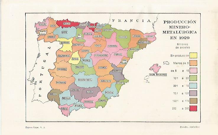 LAMINA ESPASA 29173: Mapa de España de produccion minero-metalurgica en 1929