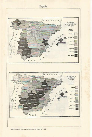 LAMINA ESPASA 29174: Mapa de España del ganado de cerda y mular en 1929