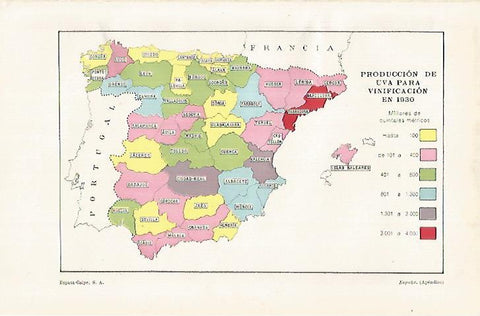 LAMINA ESPASA 29175: Mapa de España de produccion de uva en 1930