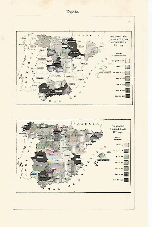 LAMINA ESPASA 29176: Mapa de España de produccion de remolacha y ganado caballar en 1929