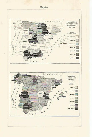 LAMINA ESPASA 29176: Mapa de España de produccion de remolacha y ganado caballar en 1929