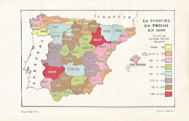 LAMINA ESPASA 29178: Mapa de España de cosecha de trigo en 1930