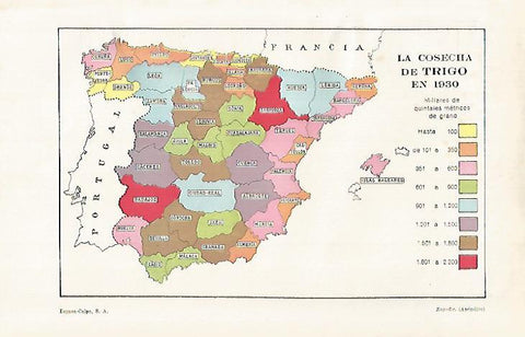 LAMINA ESPASA 29178: Mapa de España de cosecha de trigo en 1930