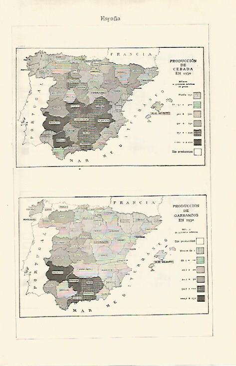 LAMINA ESPASA 29179: Mapa de España de produccion de cebada y garbanzos en 1930