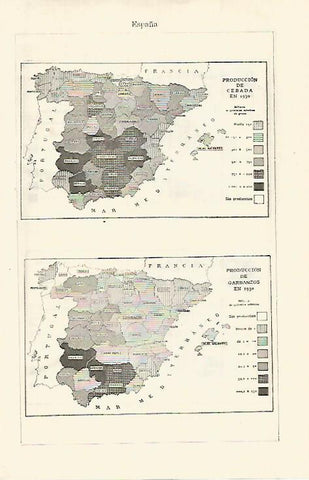 LAMINA ESPASA 29179: Mapa de España de produccion de cebada y garbanzos en 1930