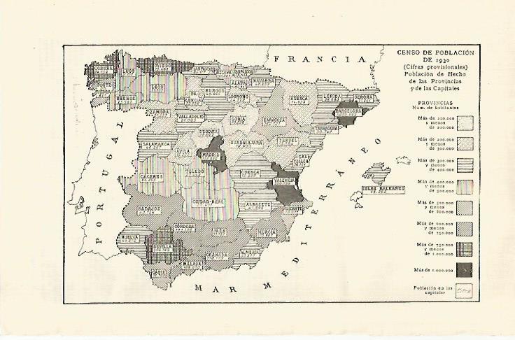 LAMINA ESPASA 29180: Mapa de España con el censo de 1930