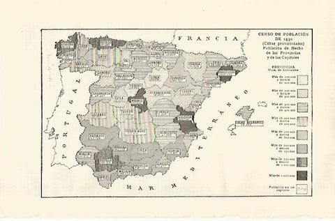 LAMINA ESPASA 29180: Mapa de España con el censo de 1930