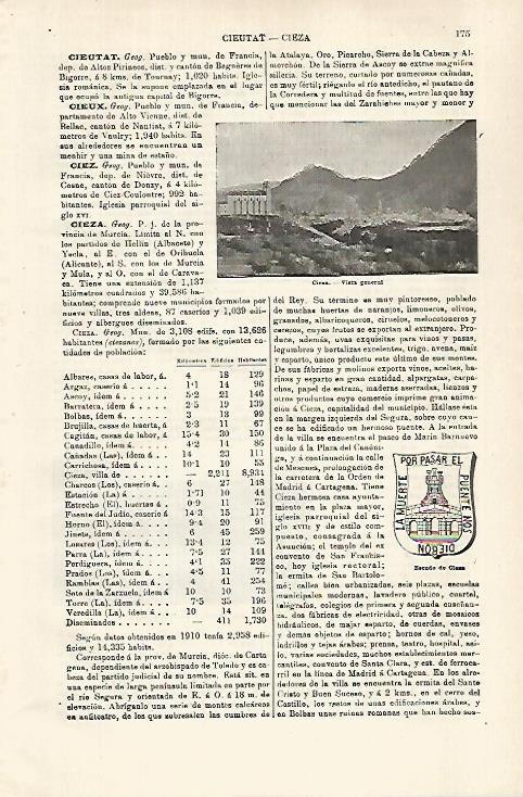 LAMINA ESPASA 29280: Vista y escudo de Cieza Murcia